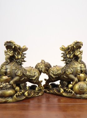 铜麒麟摆件一对聚宝盆麒麟家用办公室客厅玄关桌面铜摆件礼品