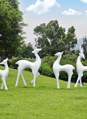 户外园林景观白色抽象鹿雕塑玻璃钢几何白鹿雕塑售楼部落地装饰品