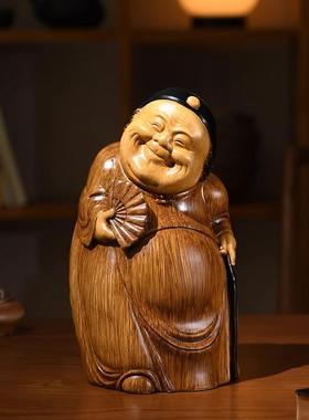 中式地主老财地主婆仿竹根雕客厅玄关茶室博古架桌面装饰树脂摆件