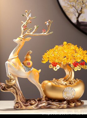 创意福鹿招财摆件玄关酒柜客厅新中式装饰品电视柜发财树新居礼品