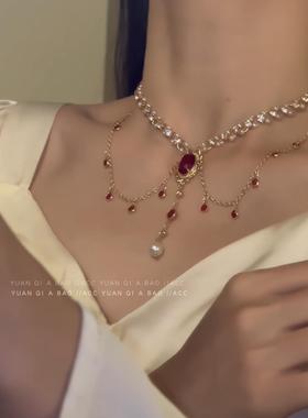 红梦公主~多层叠戴流苏项炼女2024新款爆款高级感轻奢红色锁骨炼