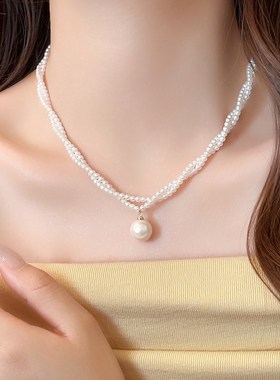 法式双层小麻花珍珠吊坠项链女2025新款高级感轻奢小众锁骨链配饰