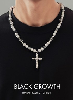 拼接反光珍珠项链男小众设计锁骨链十字架吊坠欧美嘻哈风女锁骨链