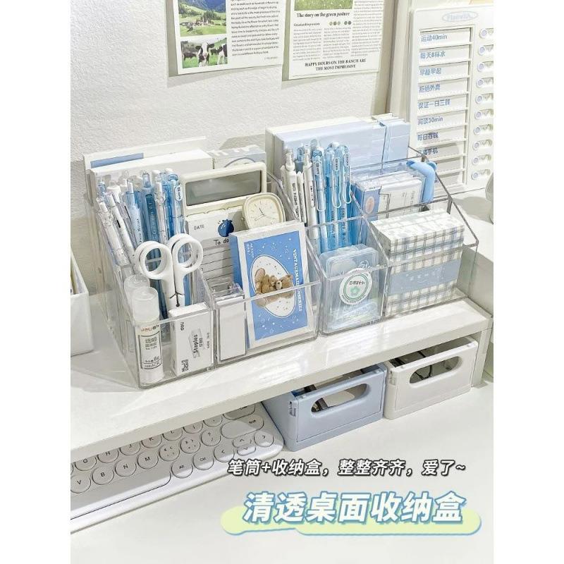笔筒桌面文具收纳盒透明亚克力多功能学生笔架办公室便签本整理盒 - 图1