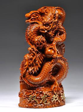花梨木雕龙摆件实木质双龙戏珠家居客厅办公室装饰生肖工艺品送礼