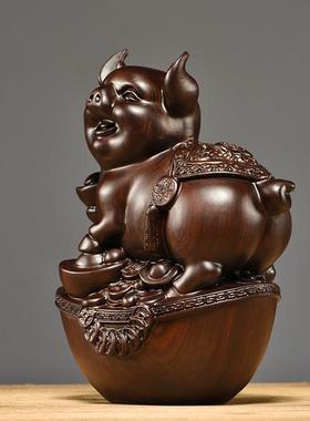 黑檀木雕猪摆件实木质十二生肖猪客厅家居电视柜动物装饰工艺品