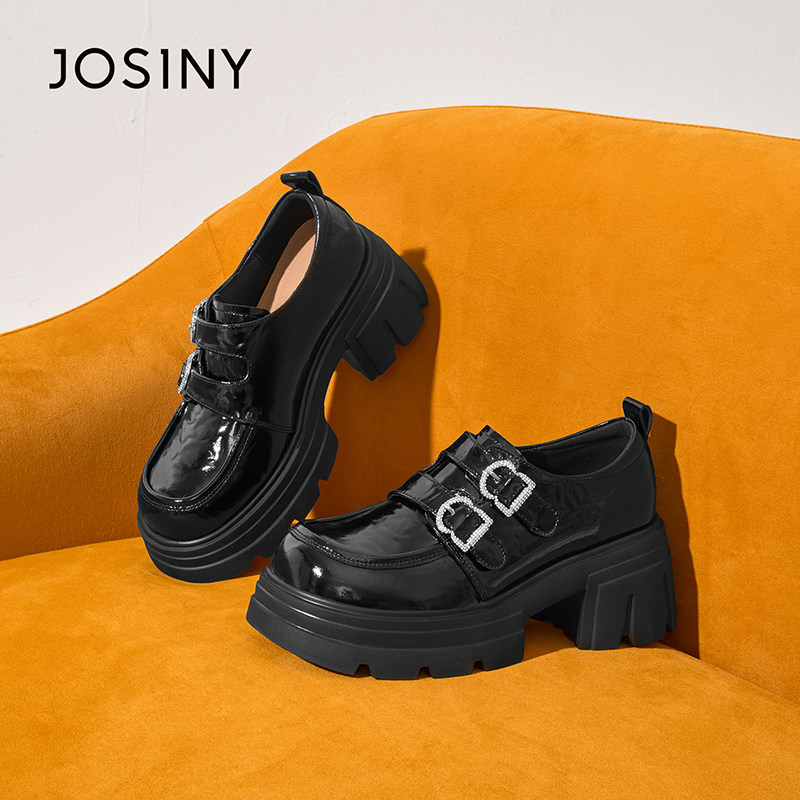 卓诗尼厚底豆豆鞋2025新款春秋复古粗跟乐福鞋增高显瘦扣带女单鞋,淘宝优惠券,粉丝福利购,淘宝优惠卷