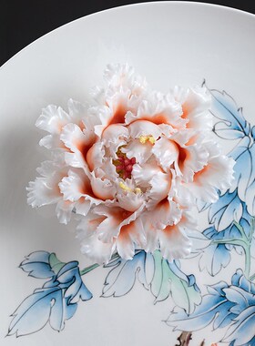 手绘手工牡丹花陶瓷挂盘家居饰品牡丹瓷摆件博古架乔迁新居装饰品