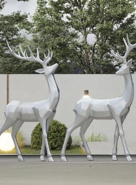 银色鹿摆件几何动物块状梅花鹿玻璃纤维雕塑商场酒店大厅装饰小品