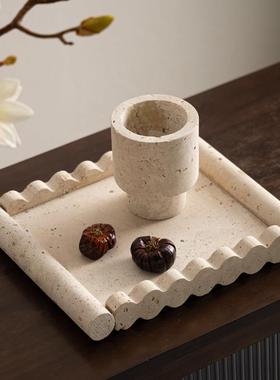 侘寂中古风黄洞石几何花器摆件样板房客厅软装茶几托盘桌面装饰品