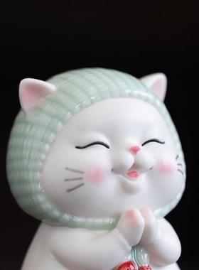 【许愿猫】可爱小猫摆件手工陶瓷家居装饰品卡通动物玄关桌面摆设