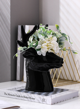 福鹿招财欧式简i约创意网红花瓶陶瓷鹿头摆件装饰北欧风格客厅插