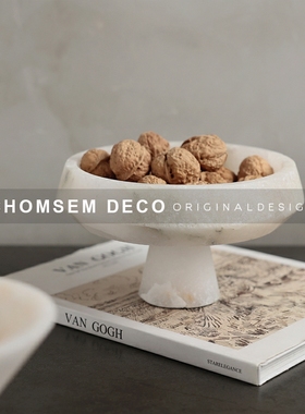 侘寂风白色云f石果盘售楼处样板间高端仿玉石高脚收纳托盘装饰摆