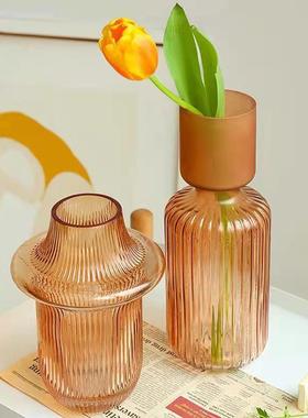 北欧香槟色莫兰迪玻璃花瓶插花水养样板间客厅餐桌面装饰摆件干花