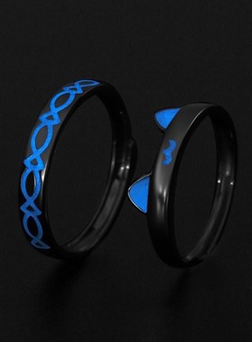 猫鱼之恋情侣对戒男女一对镀S925银开口可调节戒指V个性生日礼物