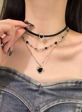 甜酷黑绳心链叠戴锁骨链女