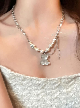高级感透明果冻小熊芒星项链女网红小众设计甜辣吊坠毛衣链潮