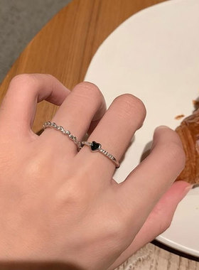 滴釉黑色小爱心戒指两件套女款简约冷淡风素圈食指戒个性叠戴指环