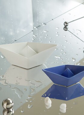 蓝色白色创意陶瓷几何小舟小船折纸模型造型摆件艺术海洋软装饰品