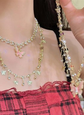 甜美粉色蝴蝶双层流苏公主项链女锁骨链春夏连衣裙高级感颈链配饰