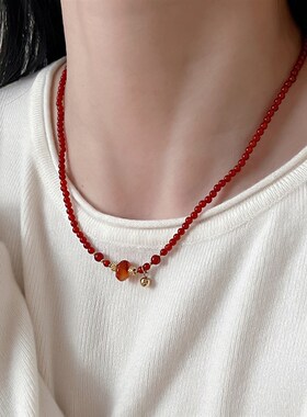 十里间【浅美红玛瑙】文艺新中式天然石串珠项链百搭铃铛锁骨链