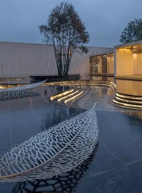 镜面镂空叶子雕塑户外园林景观网格植物装饰文化街区艺术展厅摆件