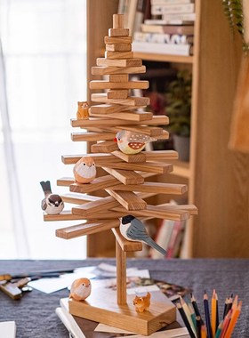 原木风圣诞树桌面摆件实木书架置物架创I意家居软装饰品圣诞节礼