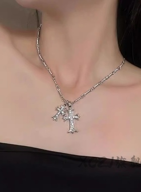 蛇年CH镶钻双十字架项链甜酷辣妹风男女欧美朋克风锁骨链情人节礼