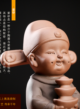 创意紫砂招财手工摆件旺财童子人物家居博古架办公室桌面装饰品