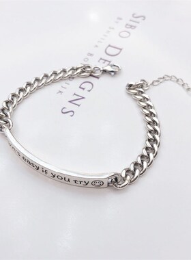 笑脸坦克链韩国东大门S925纯银复古做旧小众设计时尚百搭宽版手链