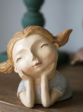 仿粗陶摆件 复古做旧杂货风装饰品美式乡村超萌少女 羊角辫女孩