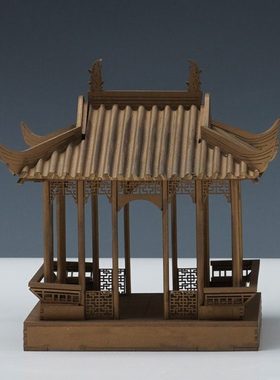 新中式创意卷棚四角亭古铜色摆件办公室书桌面木制手工工艺品摆设