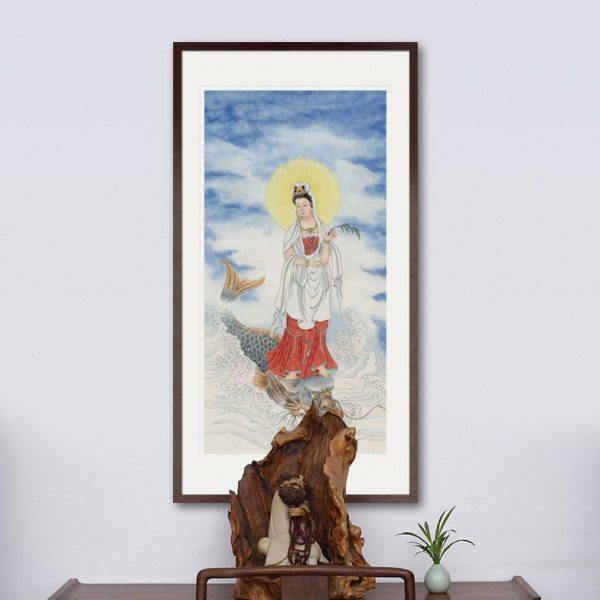 工笔人物国画龙头鳌鱼骑龙观音菩萨画像玄关书房中式卷轴画框挂画,淘宝优惠券,粉丝福利购,淘宝优惠卷
