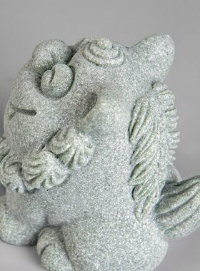 逗兽记新中式风狮爷铜钱办公玄关装饰摆件青砂石鱼缸饰品造景摆件