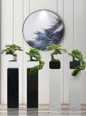 样板房间落地仿真迎客松摆件售楼处酒店轻奢软装大理石花器装饰