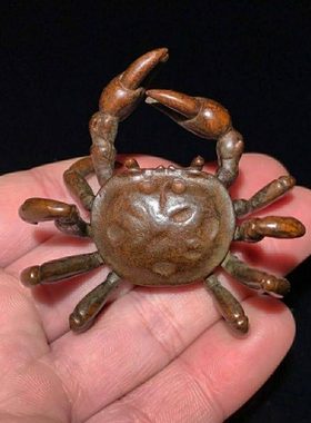 实心纯铜螃蟹香插手工茶宠小摆件仿古玩小铜器紫铜雕铜工艺品把件