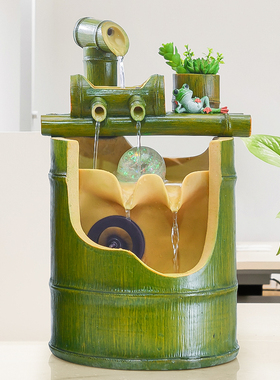 现代简约竹子办公室内招财风水轮客厅创意假山流水喷泉加湿器摆件