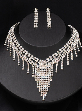 欧美奢华满钻流苏首饰套装