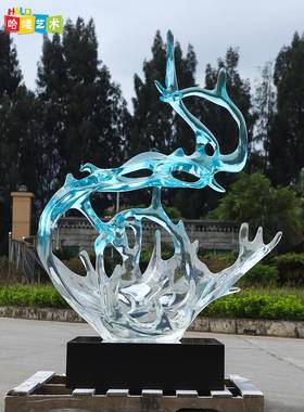 售楼处酒店大堂雕塑客厅玄关家居装饰品透明树脂浪花大型落地摆件