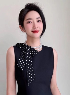 珍珠项链长条丝巾女飘带颈链百搭高级感领巾复古薄款围巾锁骨链饰