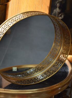 印度进口手工黄铜设计感镂空镜面小托盘香熏摆件装饰盘轻奢茶盘