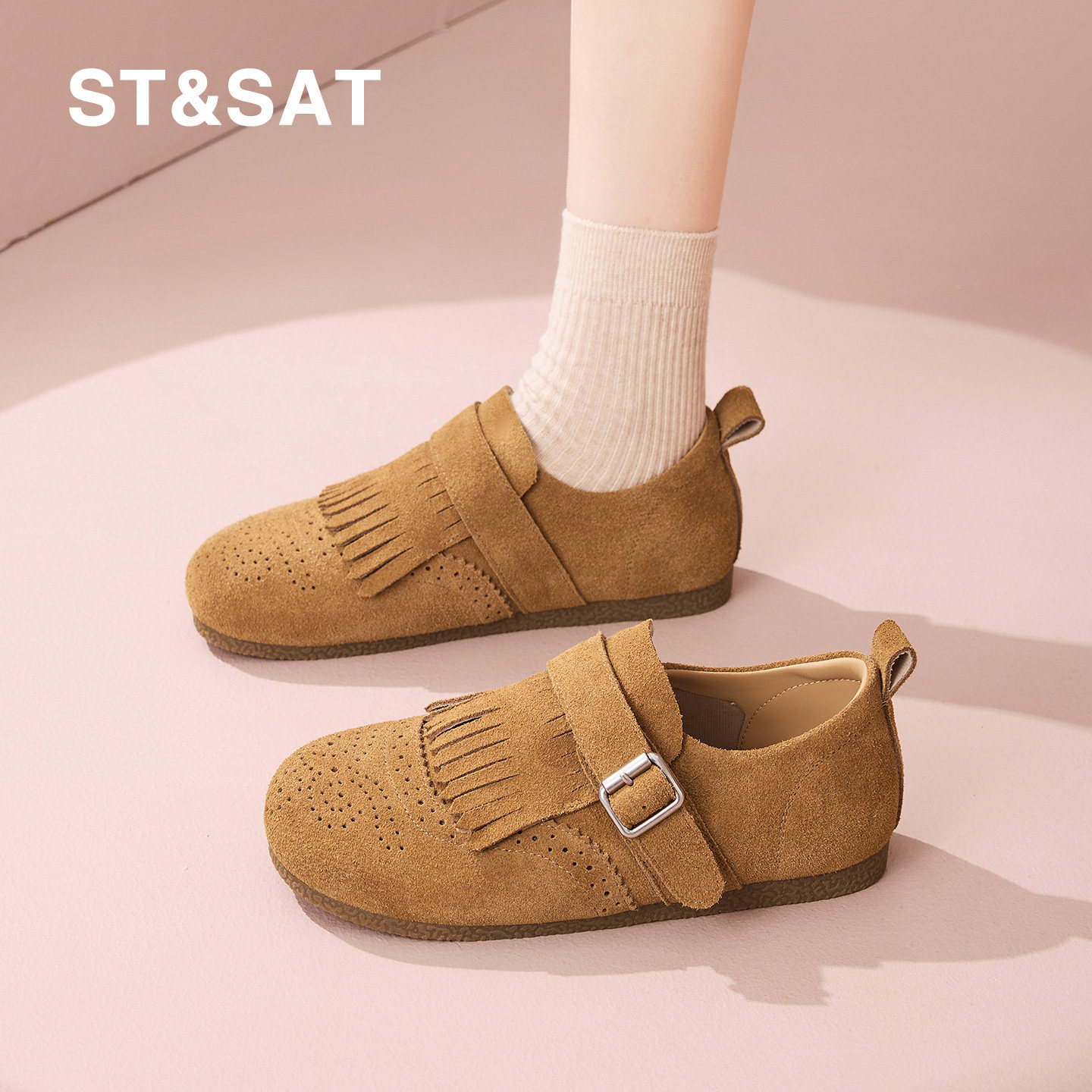 星期六复古流苏勃肯鞋女春季新款平底百搭真皮软底休闲单鞋懒人鞋,淘宝优惠券,粉丝福利购,淘宝优惠卷