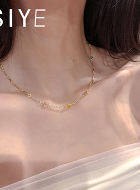 【SIYUE】方形彩色宝石细锁骨链夏天项链轻奢小众高级感颈链女款