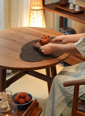 白驹格物小团g圆茶桌北美黑胡桃木实木禅意小户型阳台卧室圆形桌