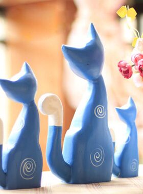 北欧原木雕刻彩绘爱心猫三口之家礼物 家居装饰手工艺品摆件