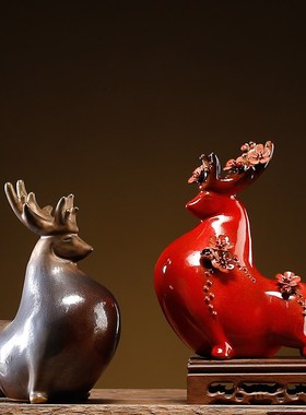 国潮手工陶瓷招财梅花鹿桌t面摆件家居客厅玄关工艺品麋鹿装饰礼