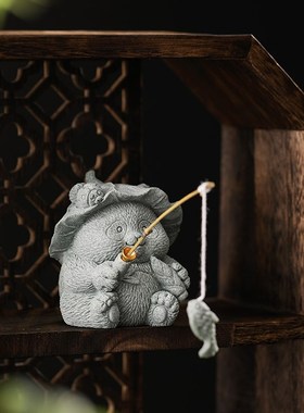 可爱熊猫钓鱼摆件茶宠萌趣动物线 线香F香插香拖茶桌盆景装饰鱼缸