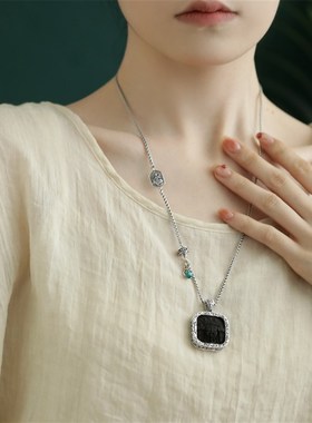 +925银黑檀木扎基拉姆做v旧吊坠女仅吊坠国风时尚个性项坠女新中