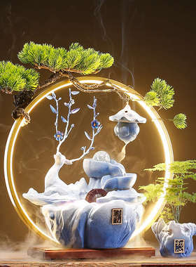 招财办公室创意流水客厅景观装饰礼品桌面小鹿P开业循环水加湿摆