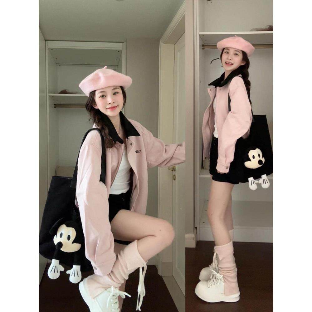 韩系粉色麂CAG套皮5香风外女春小秋202新款美式短款小众夹克翻领,淘宝优惠券,粉丝福利购,淘宝优惠卷